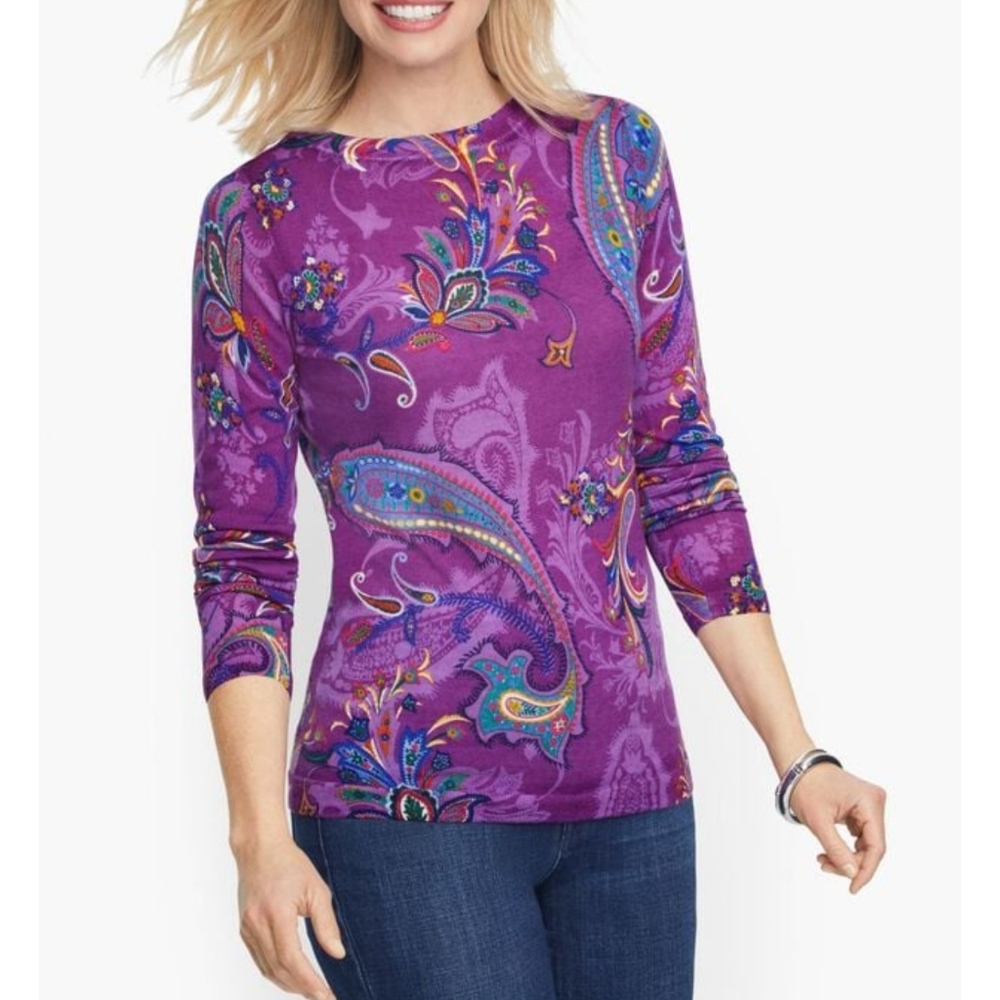 Talbots Merino Wool Shadow Paisley Purple Sweater Sz 2X